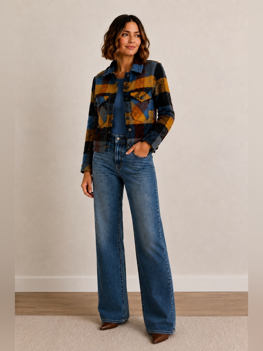RD Style Plaid Button-Up Jacket in Mustard, Blue & Navy